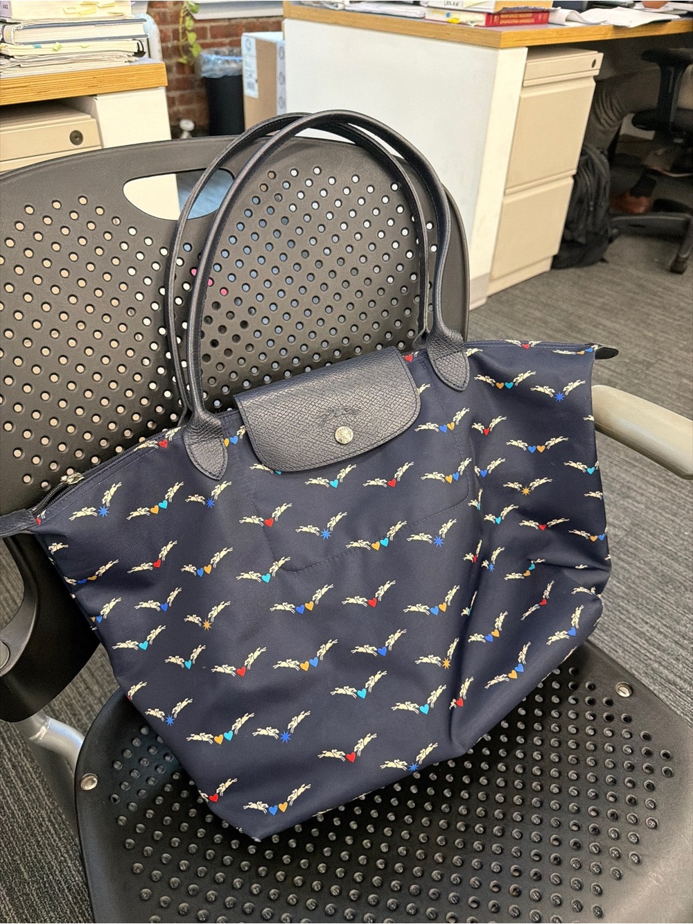 Longchamp Navy Tote with Multicolor Wing Print